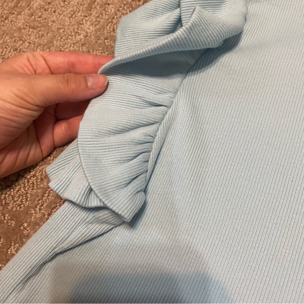 {Zara} Baby Blue Ribbed Sleeveless Crop Top | Ruffles ~ Size Small - Picture 11 of 16